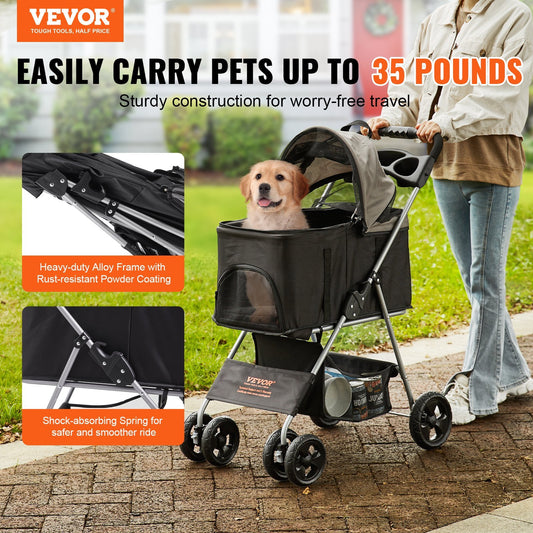 VEVOR Pet Stroller, 4 Wheels Dog Stroller Rotate With Brakes, 35lbs Weight Capacity, Puppy Stroller With Detachable Carrier, Storage Basket And Cup Holder, For Dogs And Cats Travel, Black Dark Grey