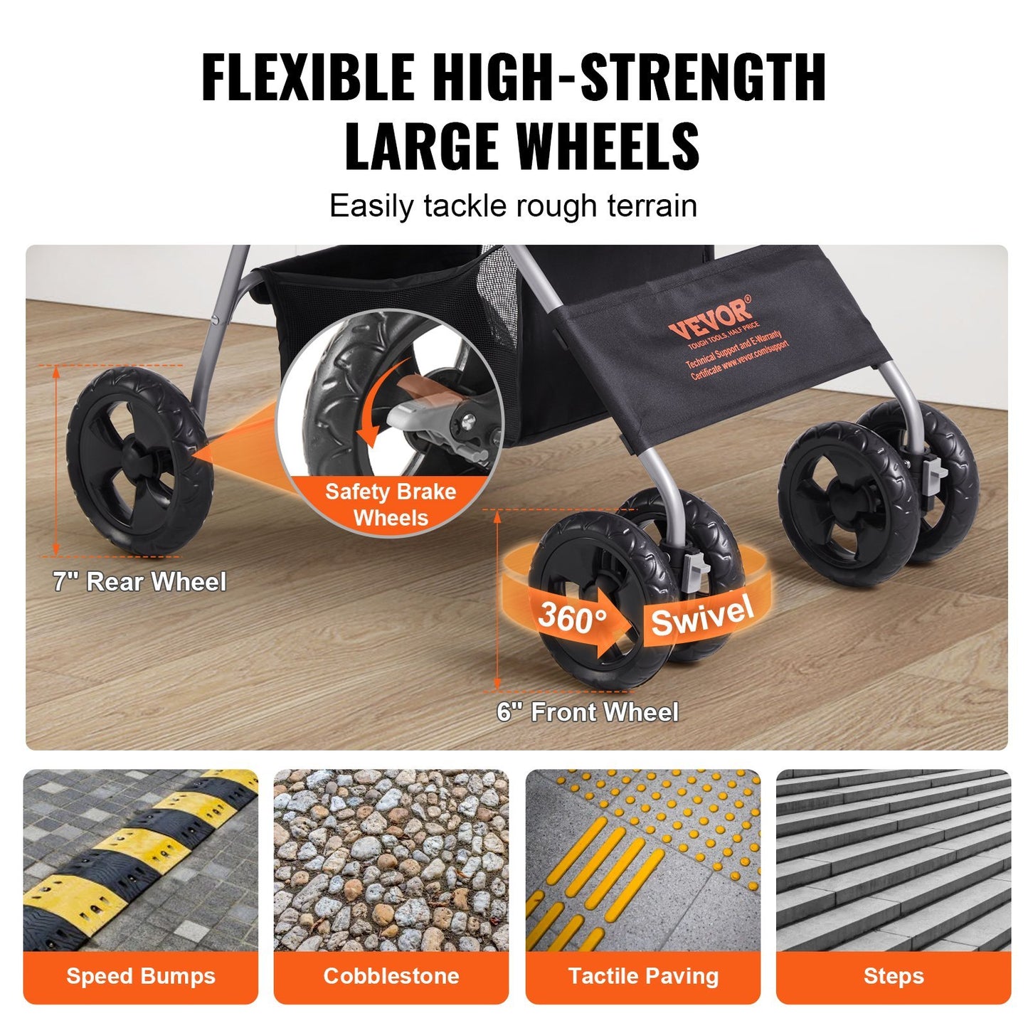 VEVOR Pet Stroller, 4 Wheels Dog Stroller Rotate With Brakes, 35lbs Weight Capacity, Puppy Stroller With Detachable Carrier, Storage Basket And Cup Holder, For Dogs And Cats Travel, Black Dark Grey