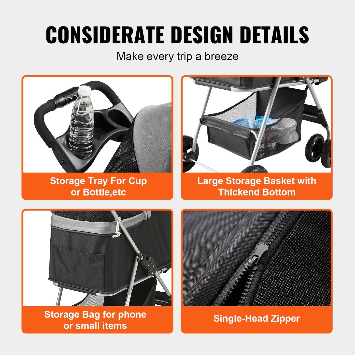 VEVOR Pet Stroller, 4 Wheels Dog Stroller Rotate With Brakes, 35lbs Weight Capacity, Puppy Stroller With Detachable Carrier, Storage Basket And Cup Holder, For Dogs And Cats Travel, Black Dark Grey