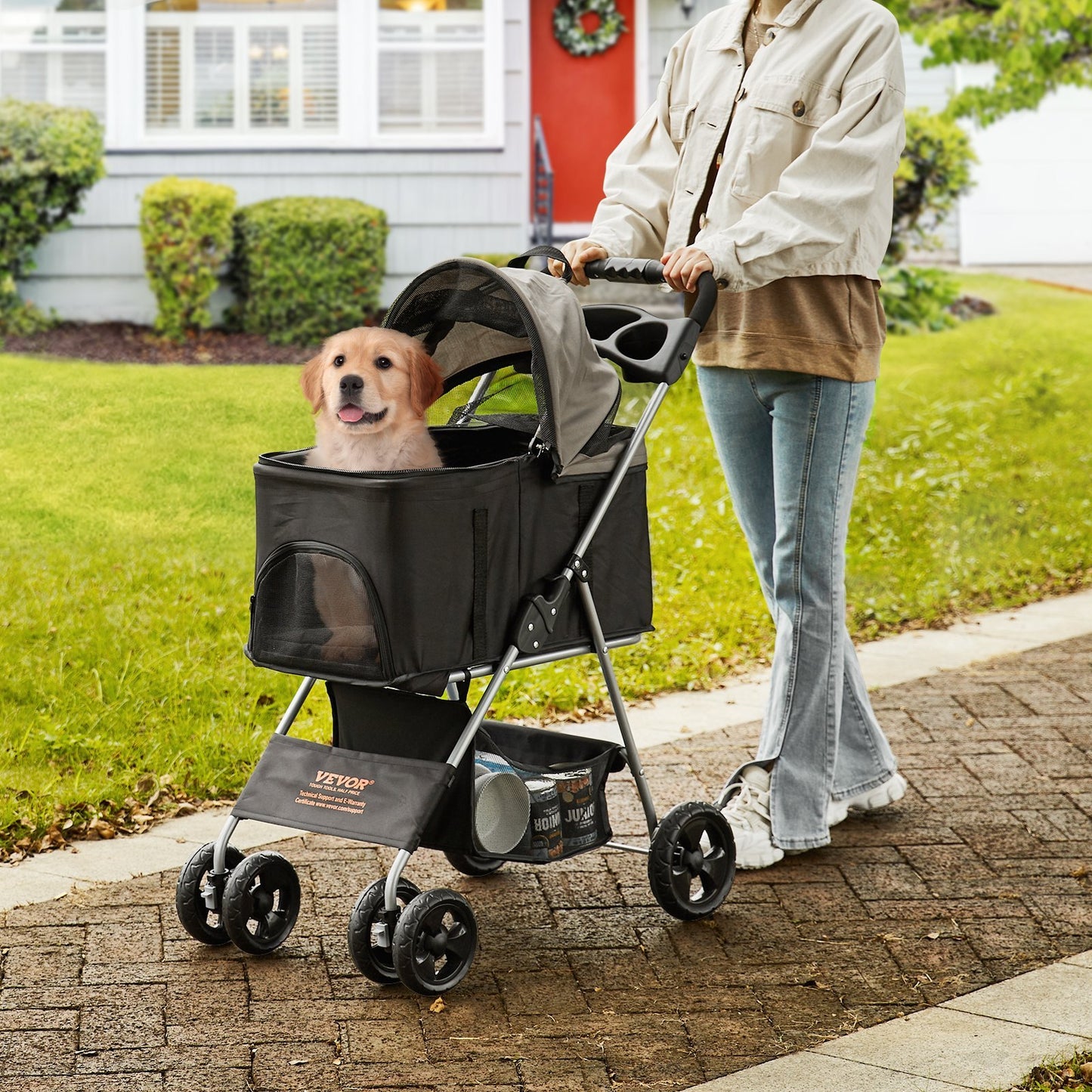 VEVOR Pet Stroller, 4 Wheels Dog Stroller Rotate With Brakes, 35lbs Weight Capacity, Puppy Stroller With Detachable Carrier, Storage Basket And Cup Holder, For Dogs And Cats Travel, Black Dark Grey
